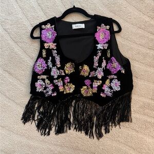 Black Fringe Vest with Sequin Floral Design